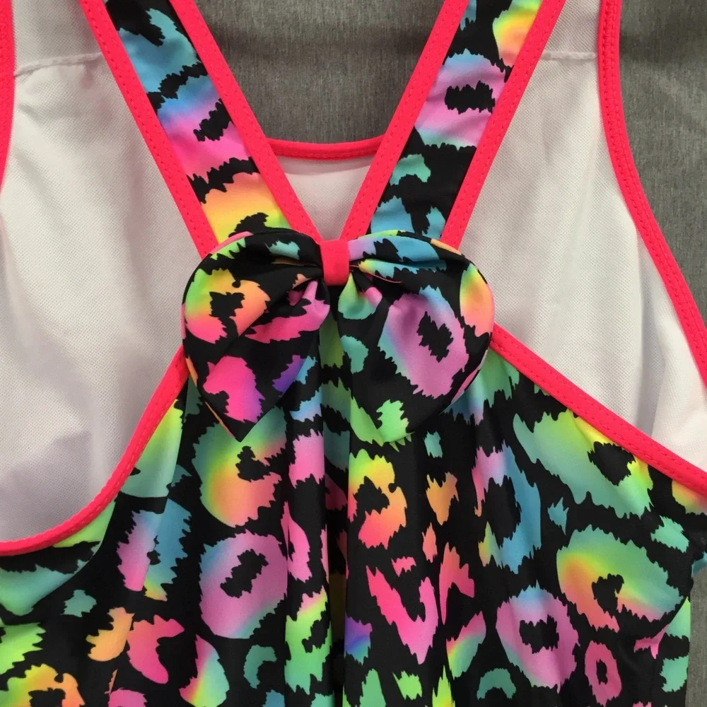 Girls Neon Rainbow Leopard Print One Piece Swim Dress Racerback Skirted Swimsuit